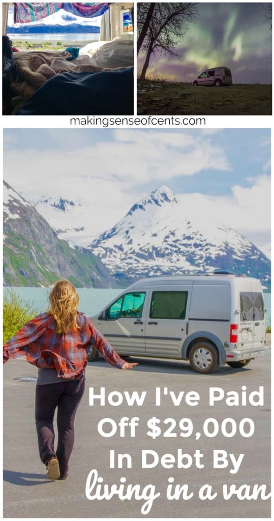 Van life is helping Sarah pay off her debt. Click here to learn more about living in a van and how she built her van dwelling. #vanlife #vandwelling #vanlifehacks #vanlifeDIY #vanlifeideas