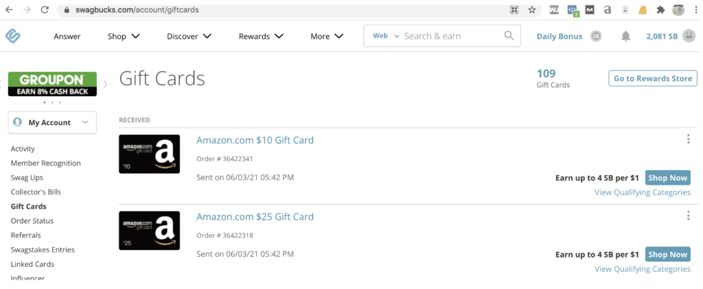 Swagbucks screenshot. best apps to earn gift cards for free. Proof that I’ve received over 100 free gift cards from Swagbucks.